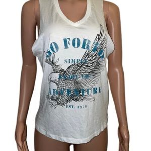 Forever 21 m ivory/black logo v-neck tank top Eagle graphic nwts July 4th Casual